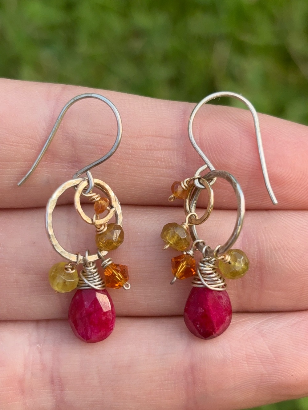 Sterling Silver Beaded Natural Ruby Gemstone Dangle Drop Earrings